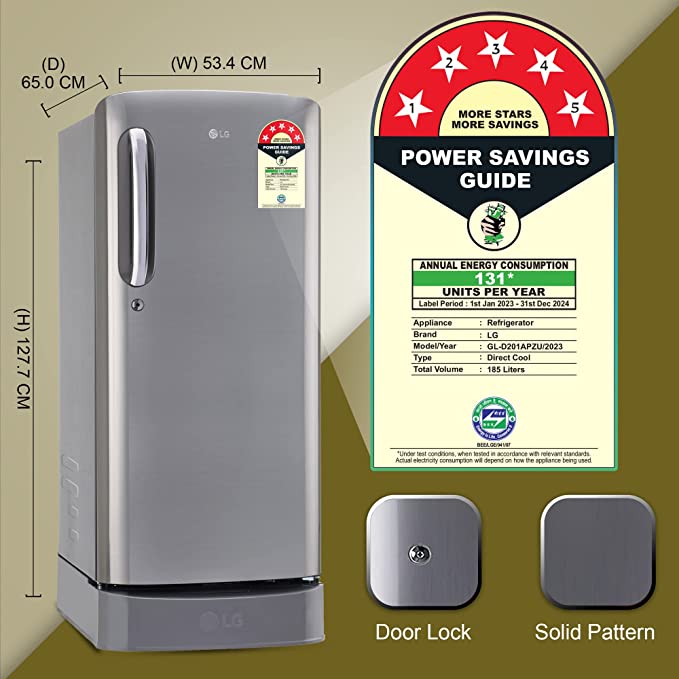 LG 185 L 5 Star Inverter Direct-Cool Single Door Refrigerator (GL-D201APZU, Shiny Steel, Base stand with drawer) LG 185 L 5 Star Inverter Direct-Cool Single Door Refrigerator (GL-D201APZU, Shiny Steel, Base stand with drawer)